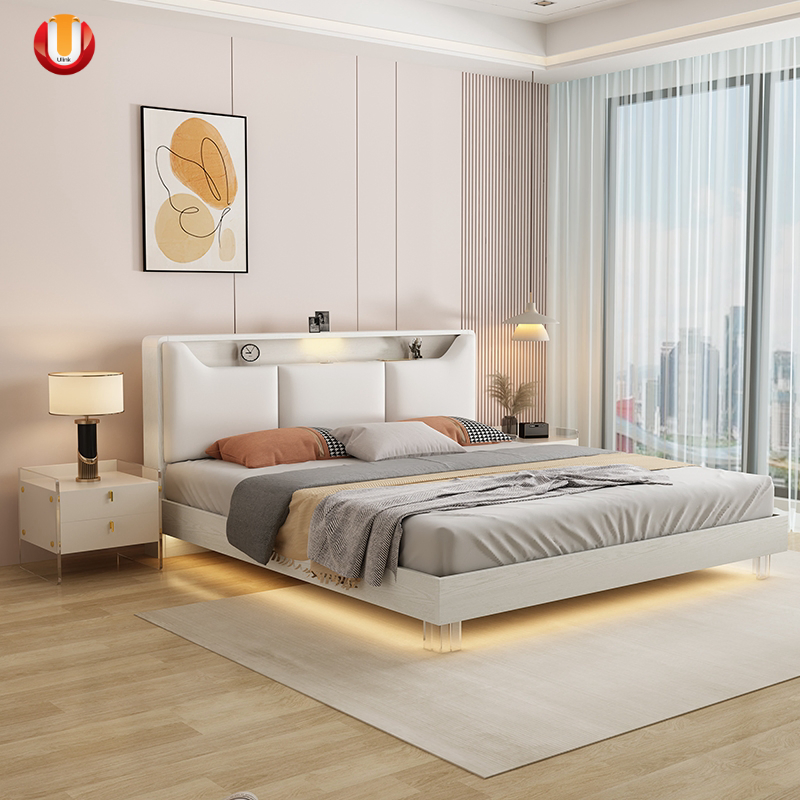 Habitación completamente amueblada, cama estándar blanca, plataforma doble elegante, cama funcional de cuero, marco de cama de belleza