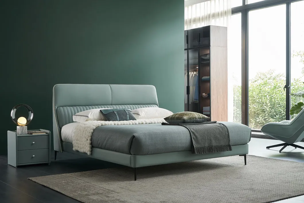 Casa moderna Cuero Cama Muebles conjunto Marco de madera King Size Dormitorio cama
