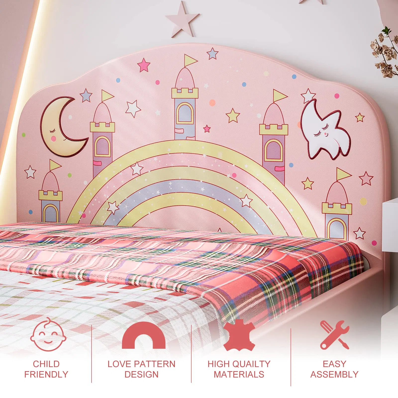 Cama tapizada para niñas, cama plataforma twin para niños
