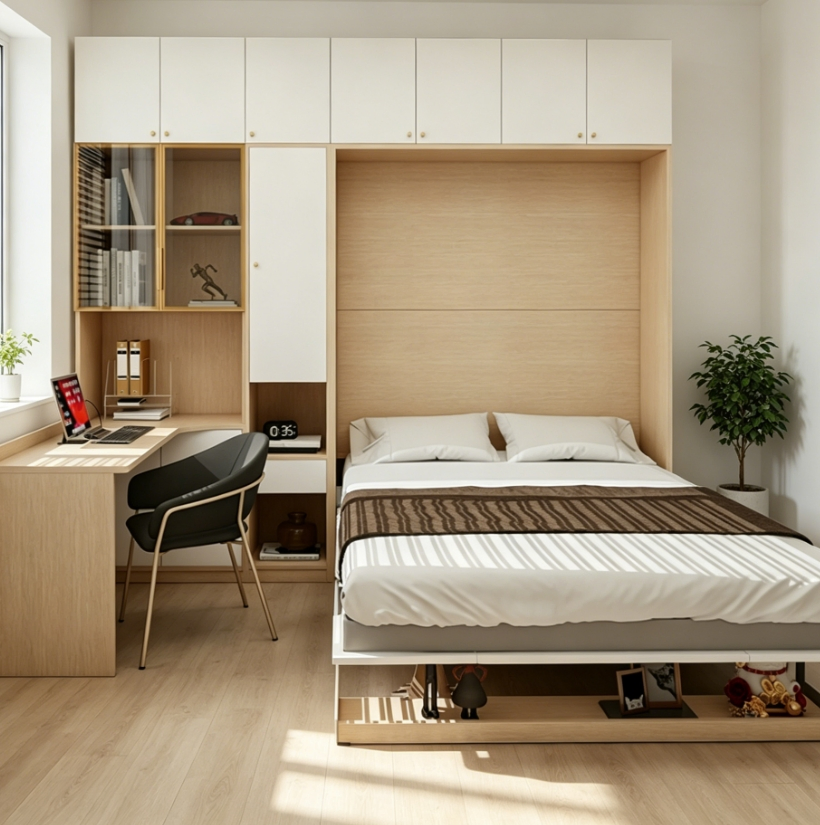 Armario de cama abatible de madera maciza tradicional con estantes de almacenamiento y mecanismo de seguridad