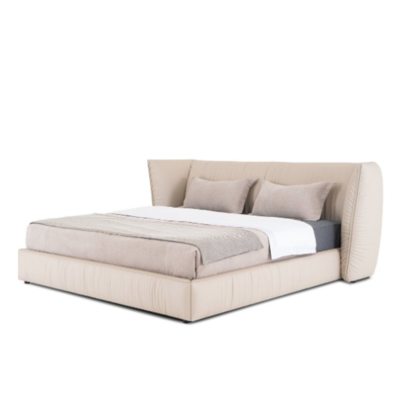 Cama moderna de tamaño king con marco de roble duradero de madera de fresno tapizado en color claro