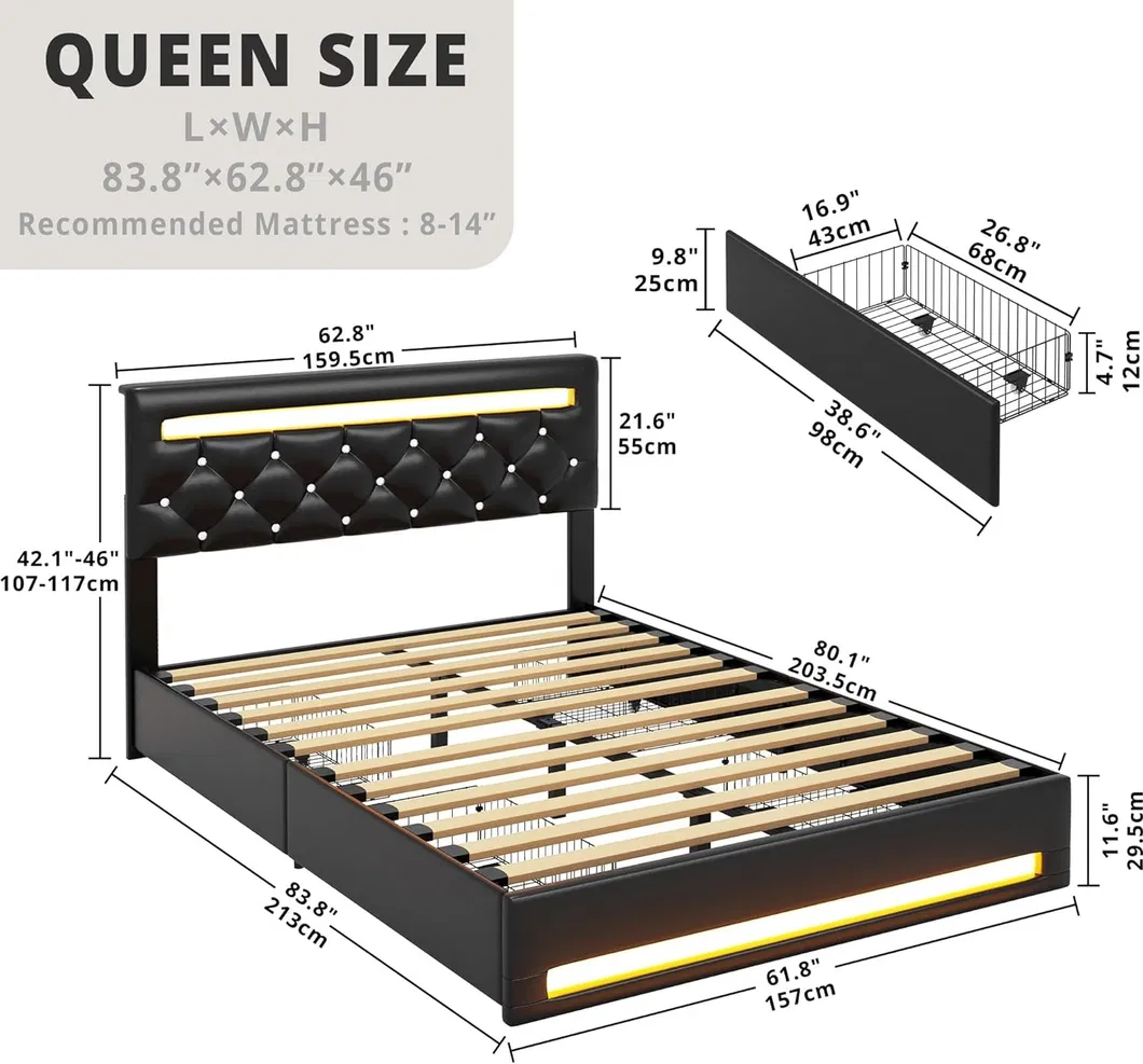 Estructura de cama con cajones de almacenamiento y luces LED