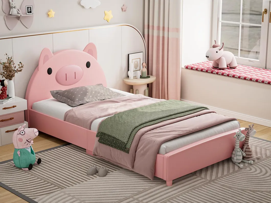 Cama tapizada para niños con forma de cerdo, cama plataforma twin para niños