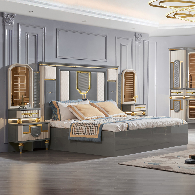 Juego de cama tapizada de lujo de reina a precio de mayorista, conjuntos completos, diseño moderno, juego de muebles de dormitorio de madera para rey