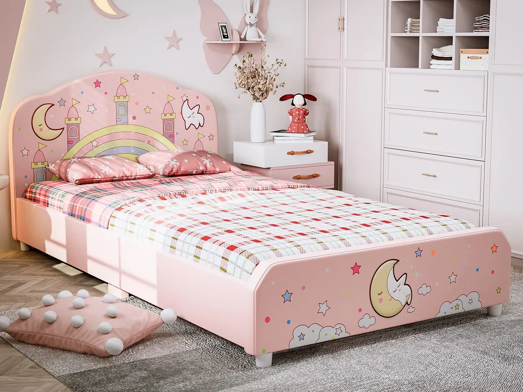 Cama tapizada para niñas, cama plataforma twin para niños