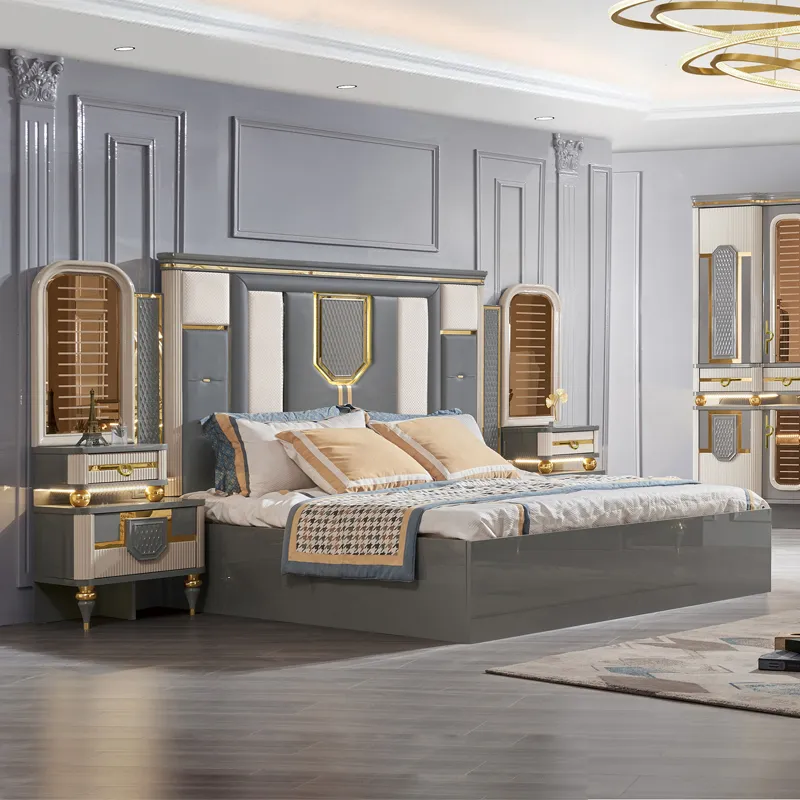 Juego de cama tapizada de lujo de reina a precio de mayorista, conjuntos completos, diseño moderno, juego de muebles de dormitorio de madera para rey