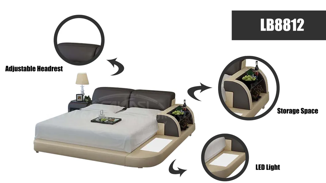 Mueble de dormitorio italiano, marco de cama de reina de cuero genuino con mesas de noche