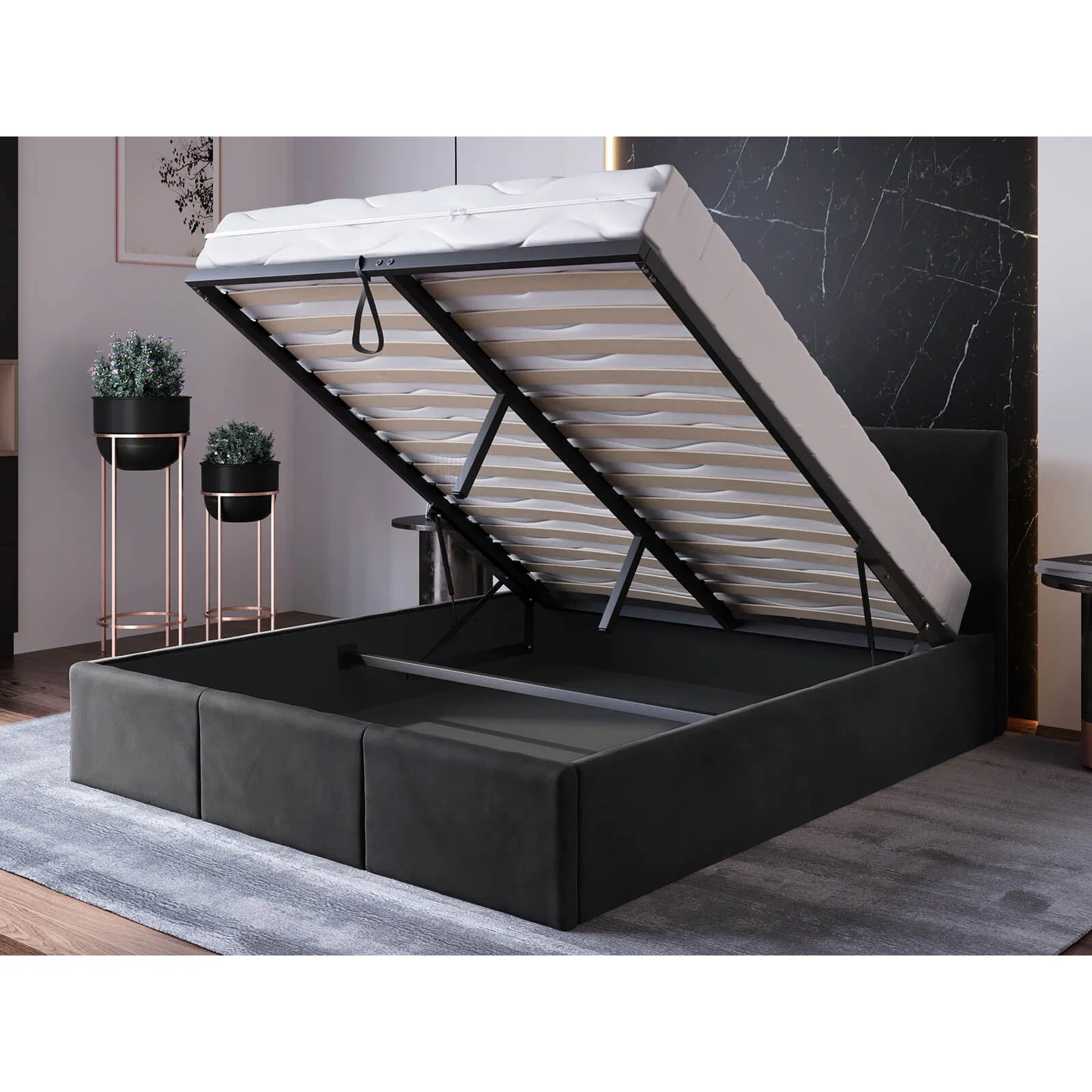 Cama de almacenamiento de cuero gris de diseño doble rey reina con cabecero de tela, marco de cama de metal con elevación única y pistón de gas para muebles de dormitorio en Turquía