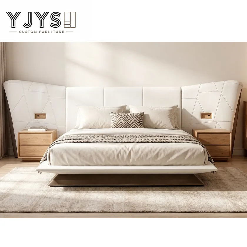 Cama de plataforma de cuero acolchado en forma de ala con mesitas de noche integradas, muebles de lujo para interiores