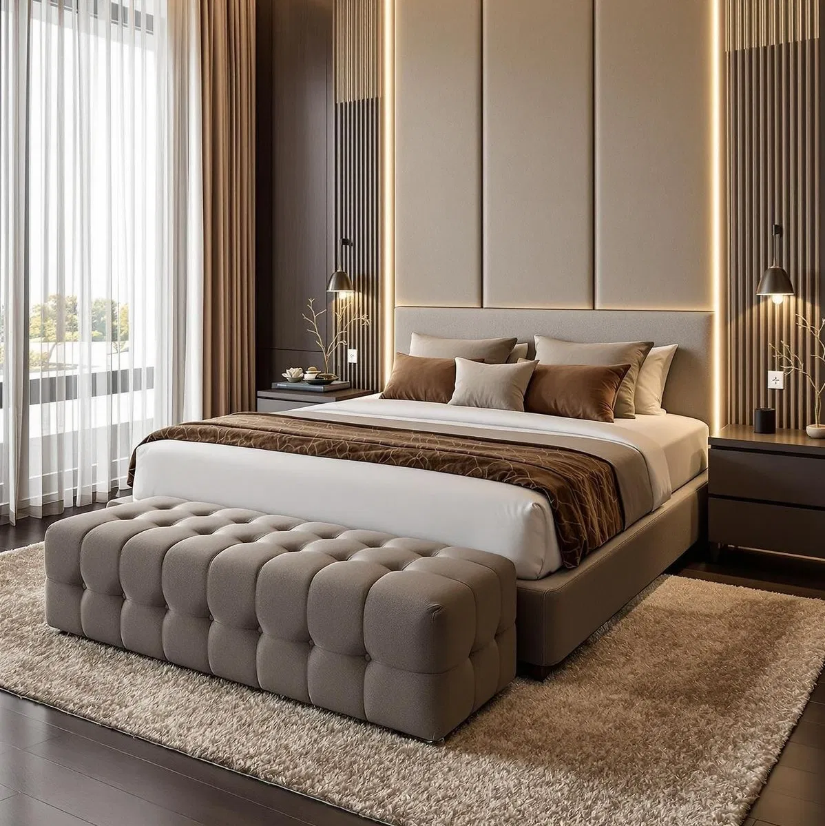 Cama de madera robusta de alta calidad con listones sólidos para dormitorio de casa grande