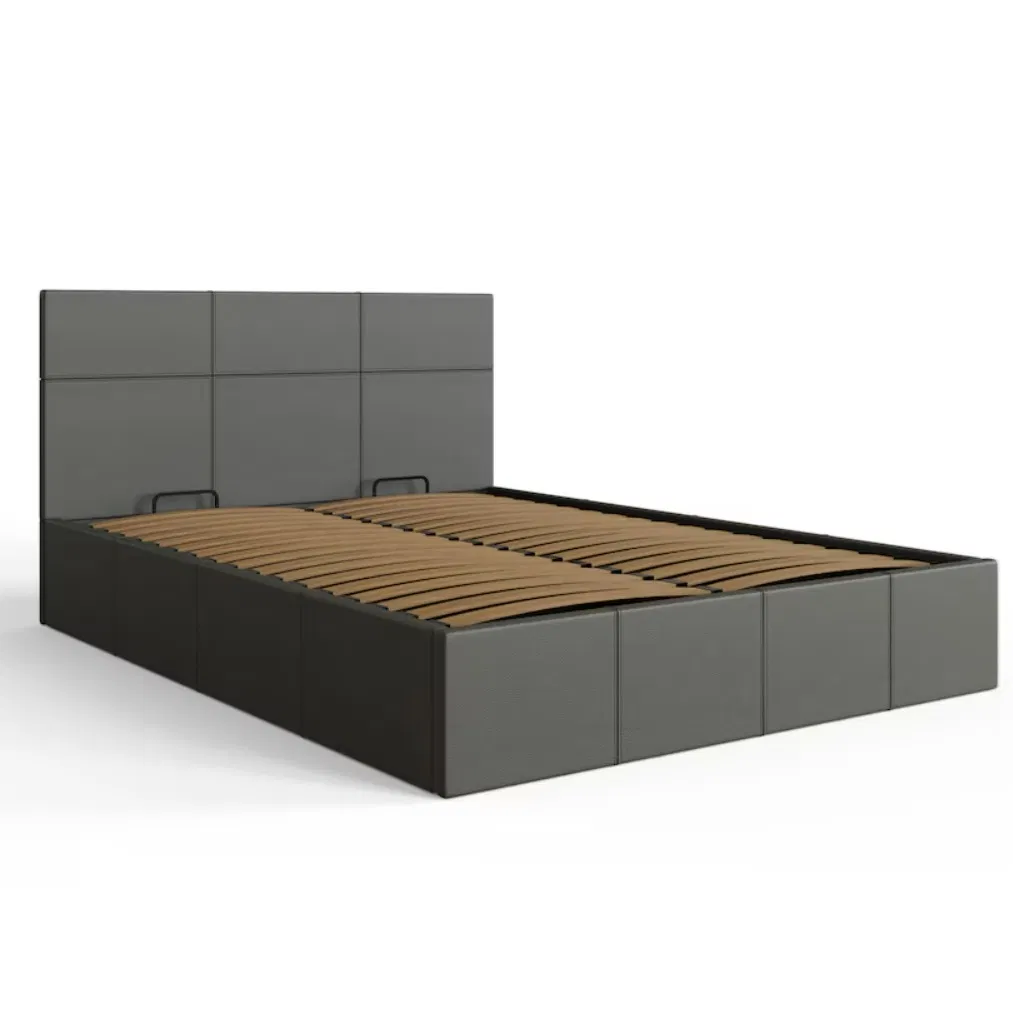 Base de cama de almacenamiento de cuero sintético gris, marco de cama plegable, cama de plataforma de doble elevación con cabecero acolchado en cuadrícula y listones resistentes