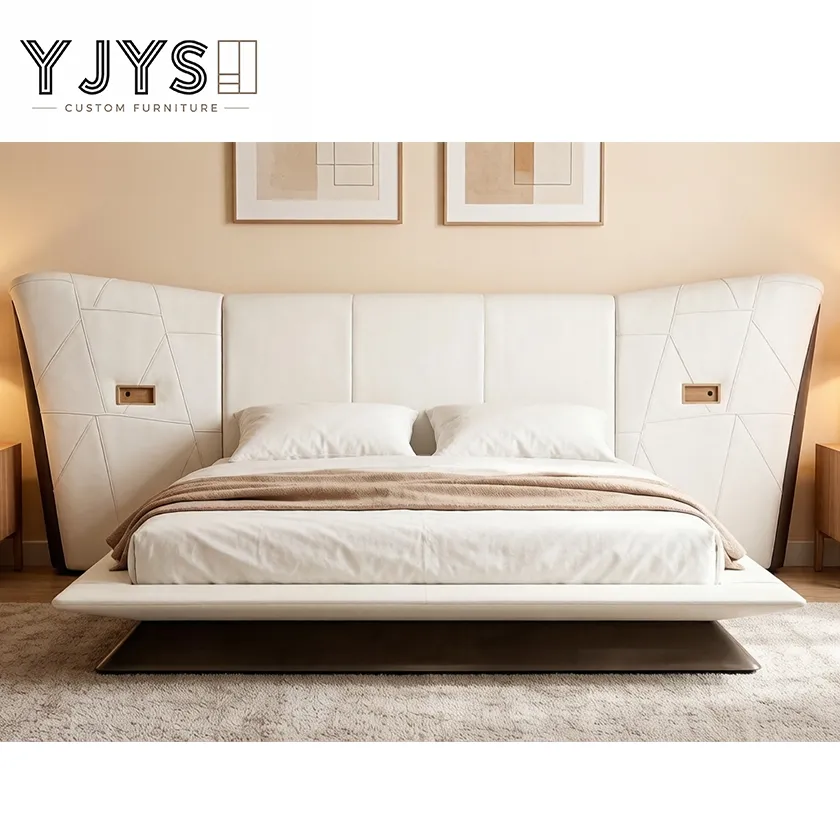 Cama de plataforma de cuero acolchado en forma de ala con mesitas de noche integradas, muebles de lujo para interiores