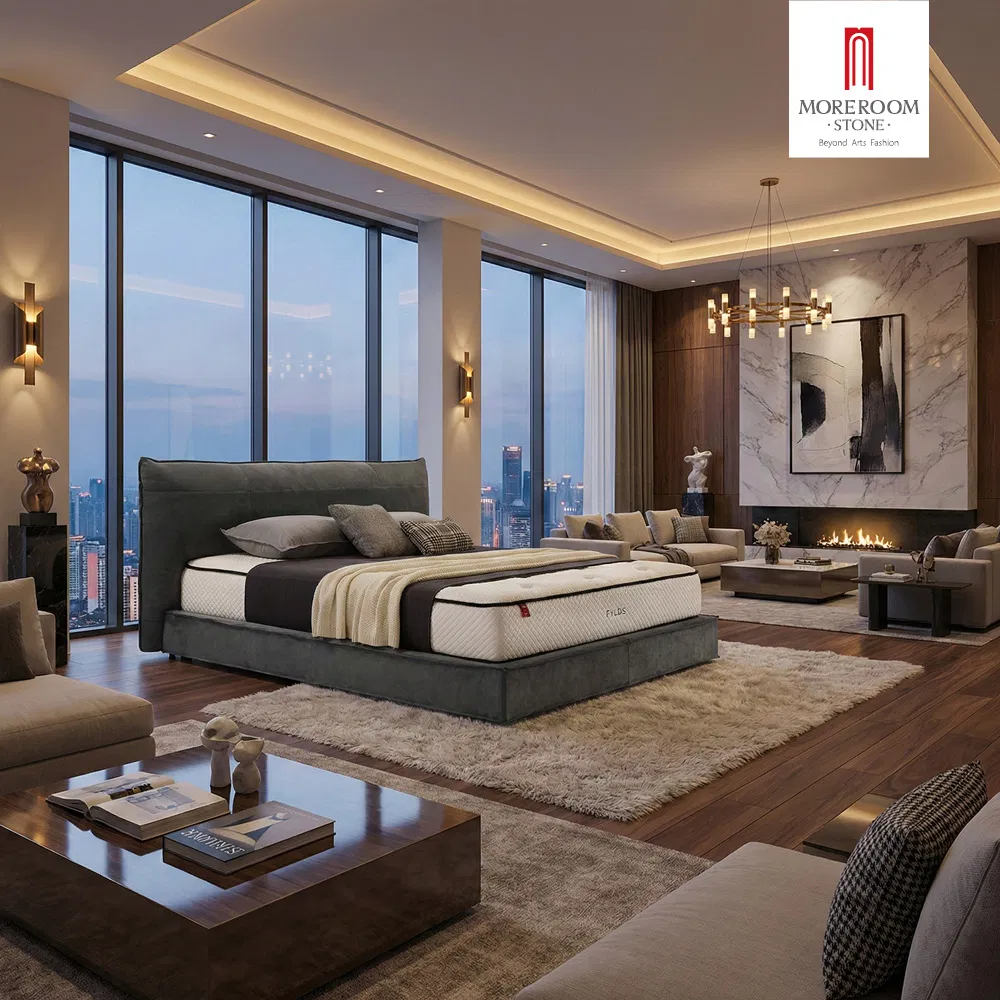 Suite de lujo para dormitorio principal de casa de campo con cama California King y conjunto de muebles para área de estar