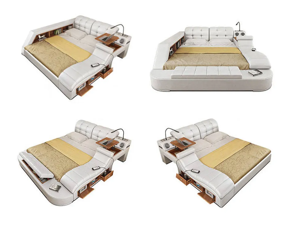 Muebles de dormitorio de lujo multifuncionales al por mayor de China, cama moderna inteligente tamaño king con almacenamiento, cama queen de cuero con masaje