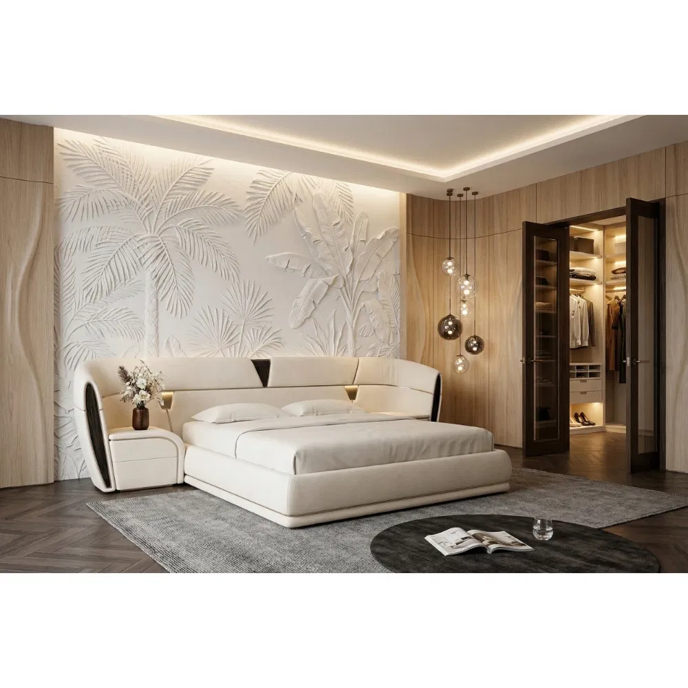 Cama moderna XL king tapizada en cuero de lujo con mesa lateral