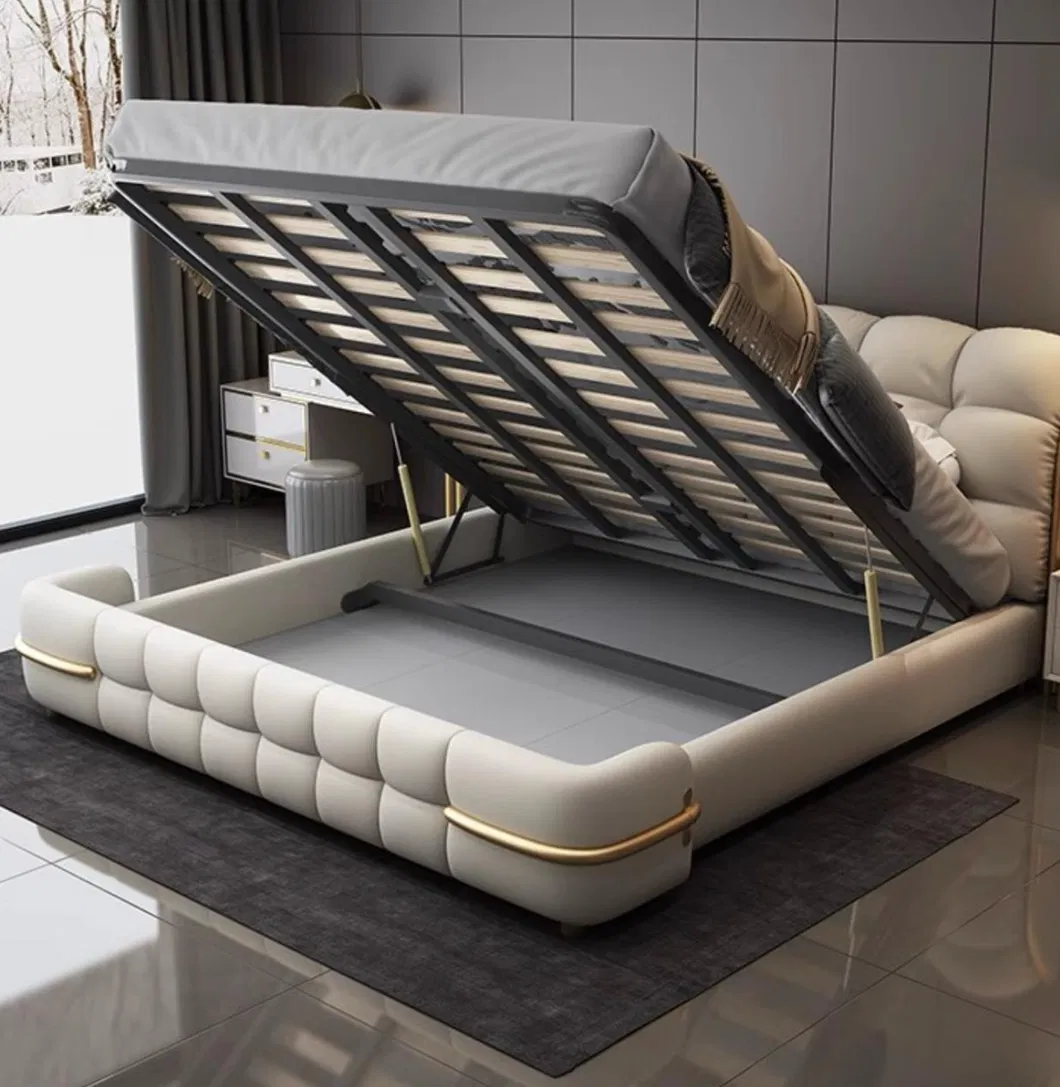 Cama doble king de madera maciza de estilo italiano moderno con cuero, camas de lujo de alta gama