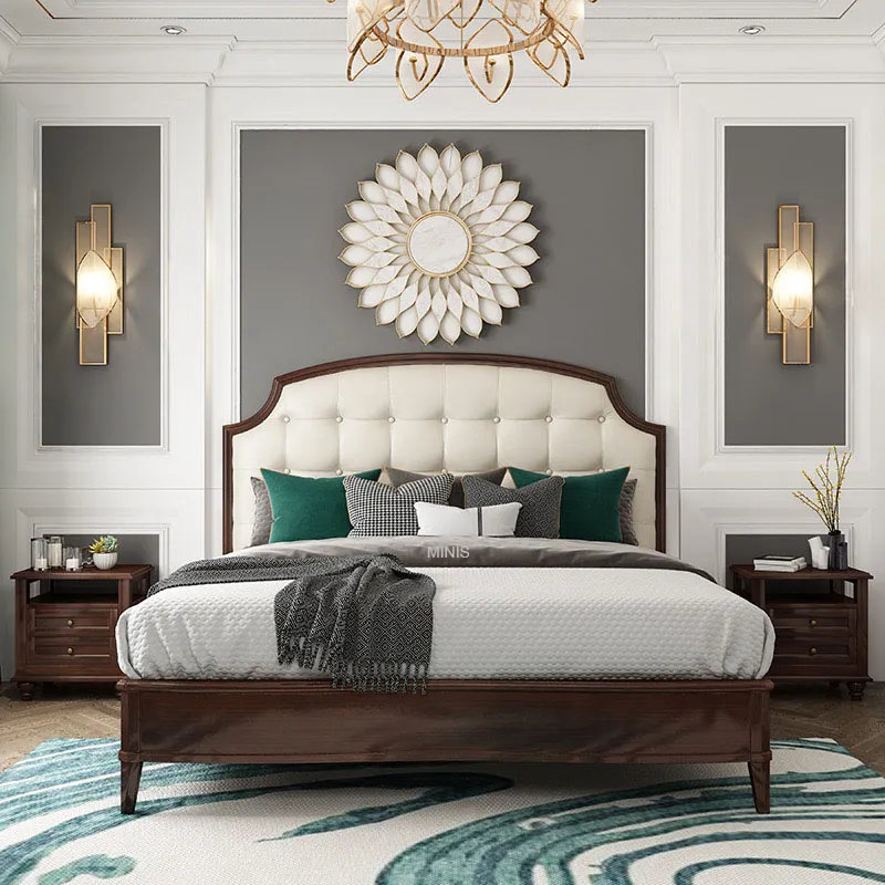Cama de tamaño rey o reina de madera marrón vintage cómoda con cuero puro azul para adultos