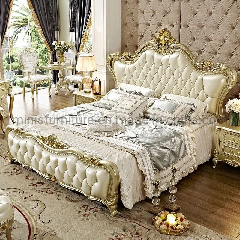 Muebles de dormitorio de madera maciza dorada, cama doble de cuero para adultos tamaño rey y reina