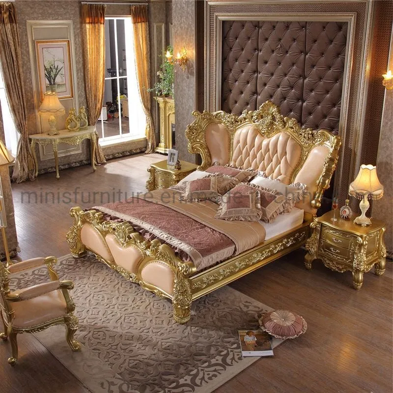 Muebles de dormitorio de madera maciza dorada, cama doble de cuero para adultos tamaño rey y reina
