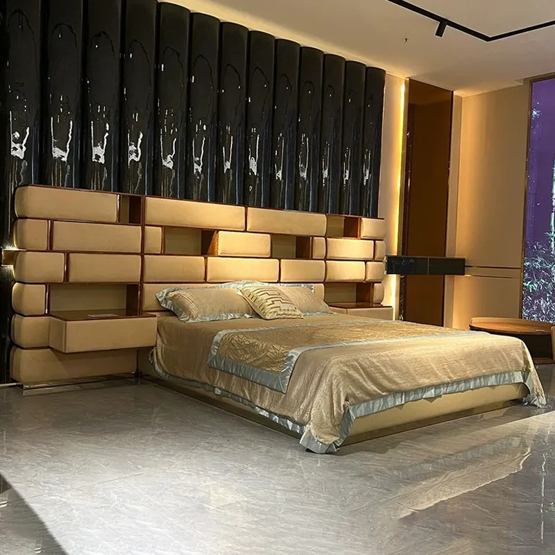Mueble de dormitorio cama king size con cabecero alto tapizado, cama plataforma con elevación a gas, beige, con almacenamiento