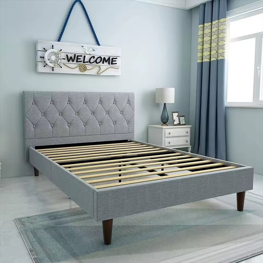 Estructura de cama tapizada y elegante para decoración de dormitorio moderno