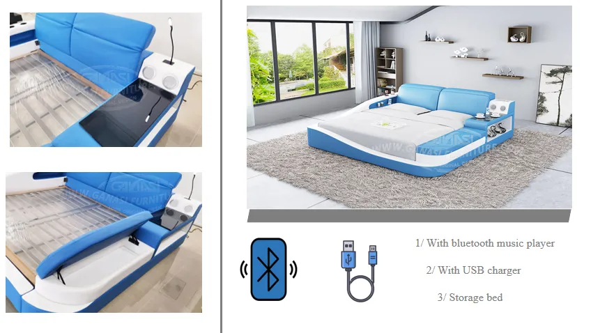 Conjunto de muebles de dormitorio LED inteligente, camas de cuero modernas tamaño king