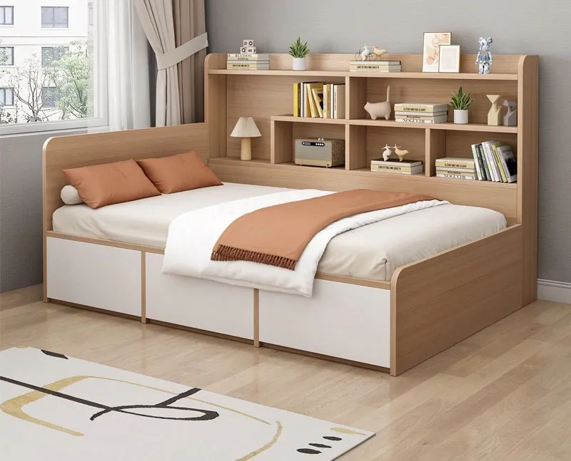 Conjunto de dormitorio moderno de alto brillo, muebles para el hogar, cama de almacenamiento en la pared de madera, rey