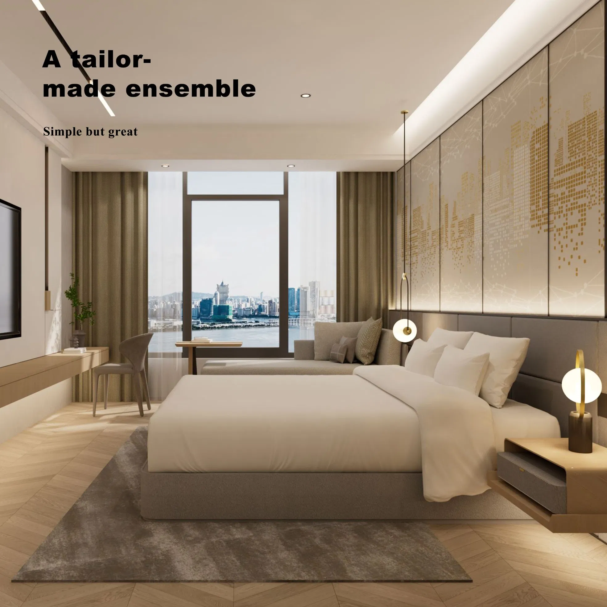 Conjunto de muebles de dormitorio de hotel de lujo moderno cama tamaño queen king de madera para hoteles