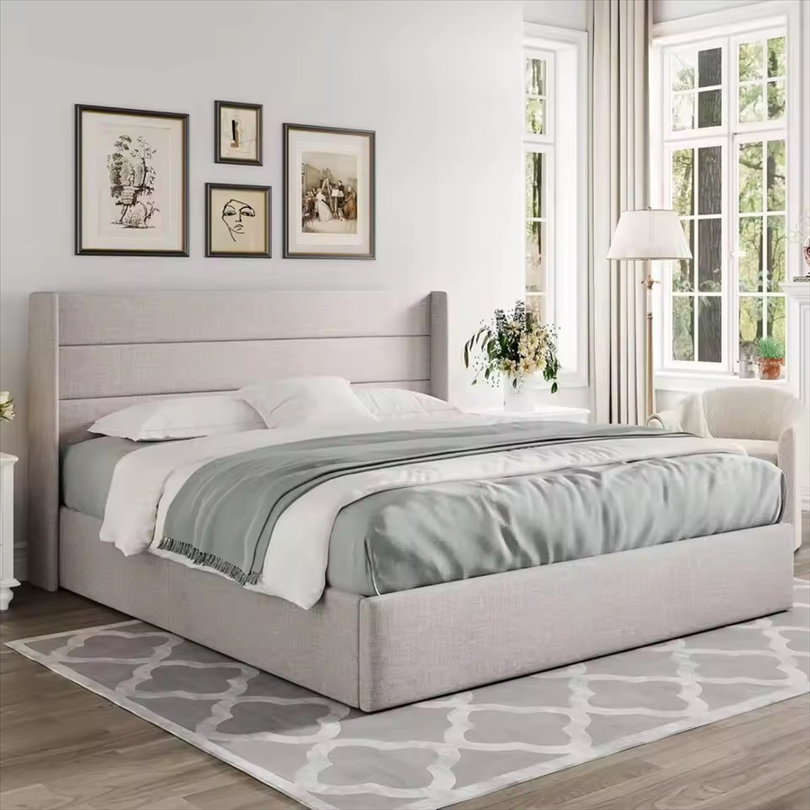 Cama contemporánea de plataforma de cuero sintético con almacenamiento para una vida ordenada