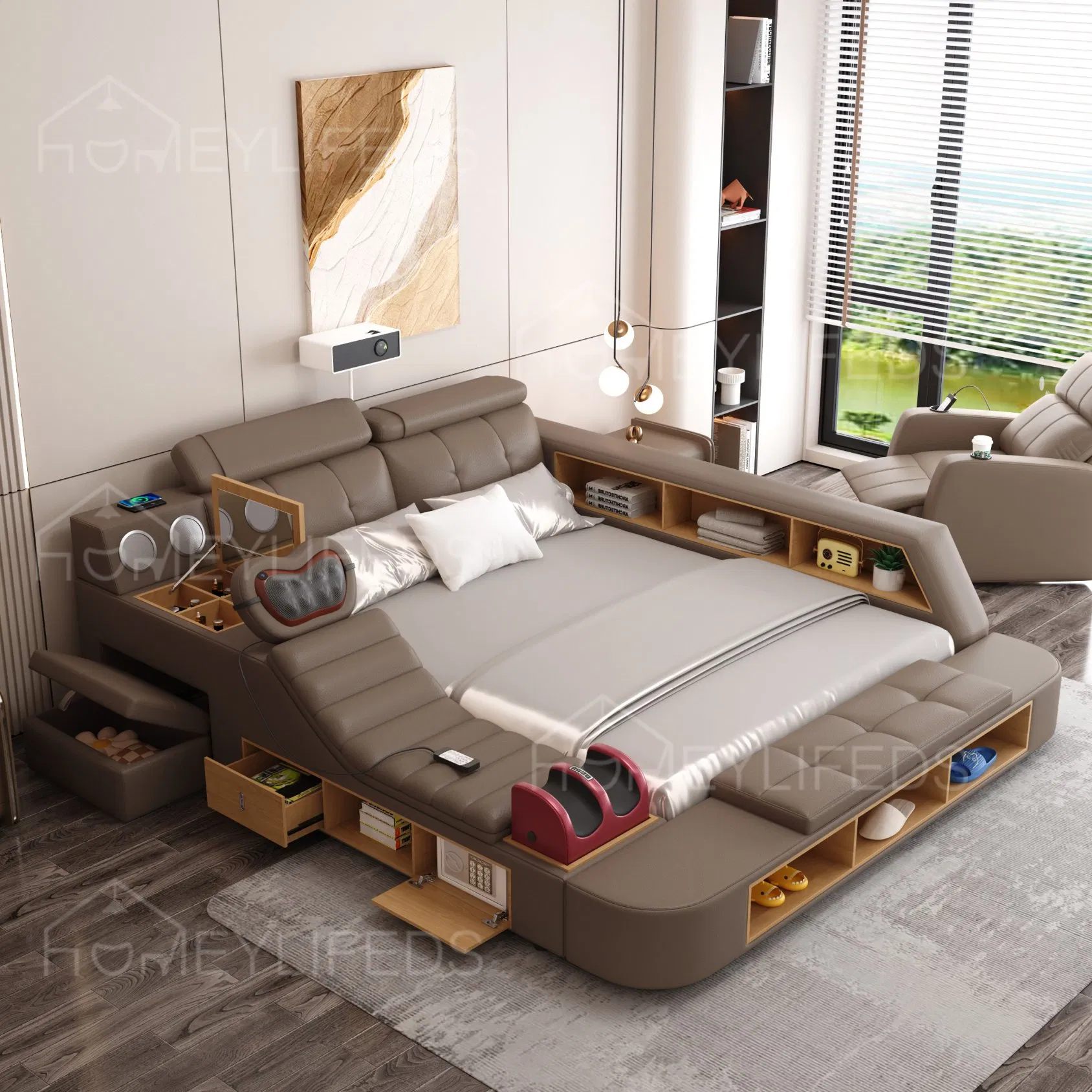 Muebles de dormitorio inteligentes Cama de cuero multifuncional Cama moderna tamaño king y tamaño queen con función de masaje y altavoz