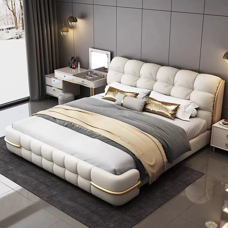Cama doble king de madera maciza de estilo italiano moderno con cuero, camas de lujo de alta gama