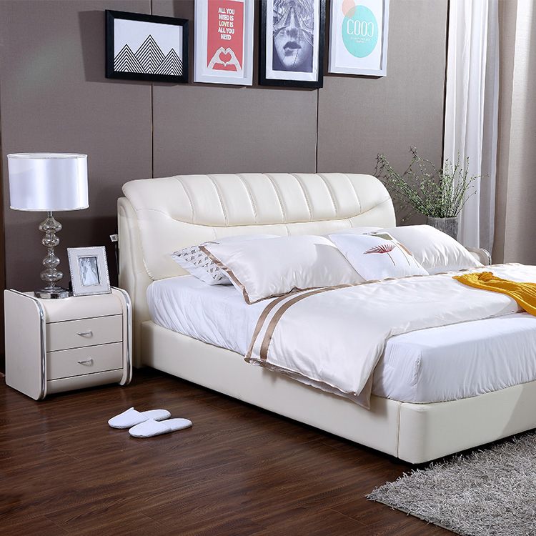 Cama King de madera maciza blanca moderna con cama de cuero PU