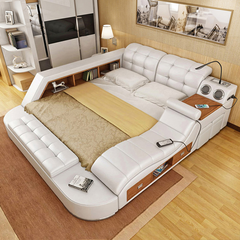 Muebles de dormitorio de lujo multifuncionales al por mayor de China, cama moderna inteligente tamaño king con almacenamiento, cama queen de cuero con masaje