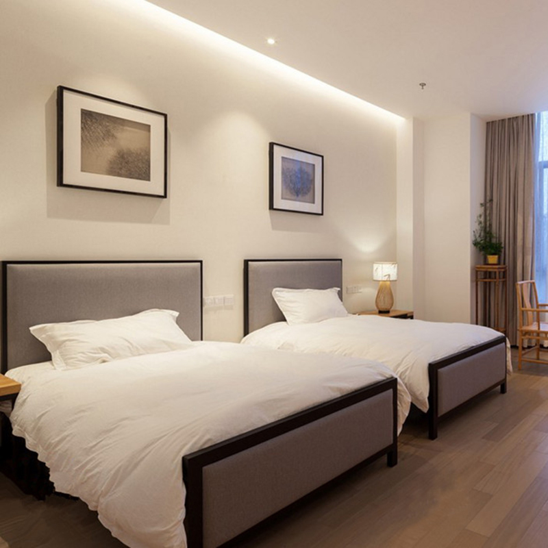 Mueble de hotel de madera tamaño king size, diseño de interiores, cama doble de madera y cuero