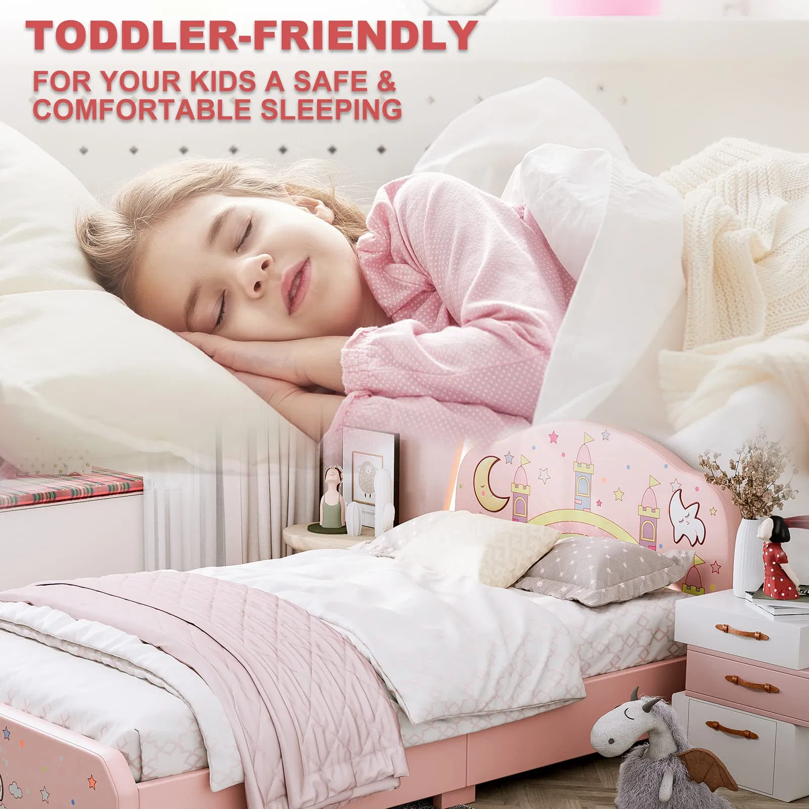 Cama tapizada para niñas, cama plataforma twin para niños