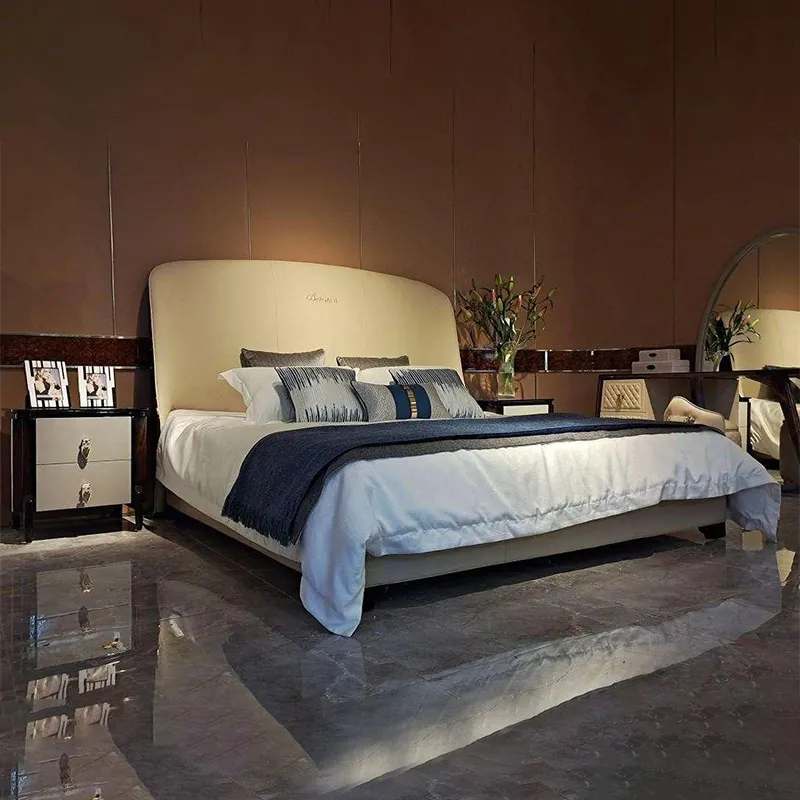 Mueble de dormitorio cama king size con cabecero alto tapizado, cama plataforma con elevación a gas, beige, con almacenamiento