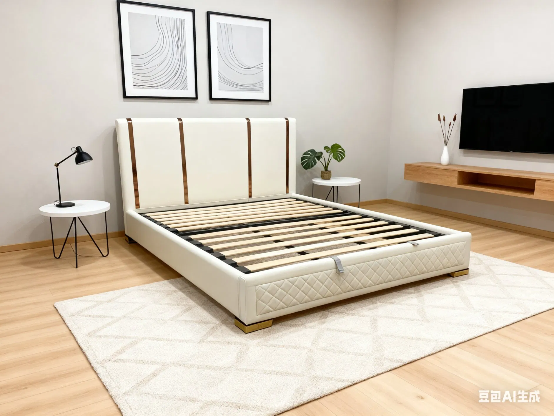 Muebles de dormitorio de madera maciza de lujo moderno, cama de cuero genuino con características de almacenamiento