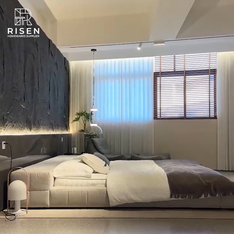 Estructura de cama tapizada minimalista de lujo, cama plataforma de madera de pino macizo