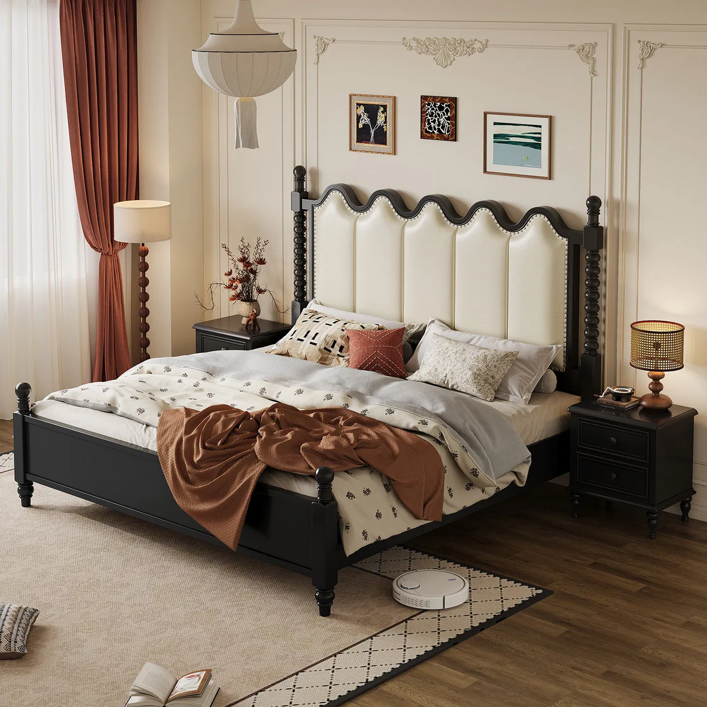 Suministro de fábrica de muebles de hotel personalizados, cama de hotel reina, cama doble curva de lujo, estilo moderno, cama de hotel de cuero pintada