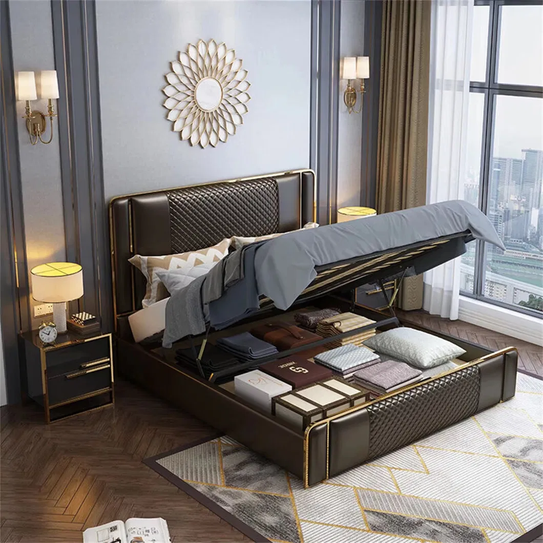 Muebles de dormitorio de lujo cama italiana moderna tapizada en cuero con almacenamiento cama king size de cuero blanco