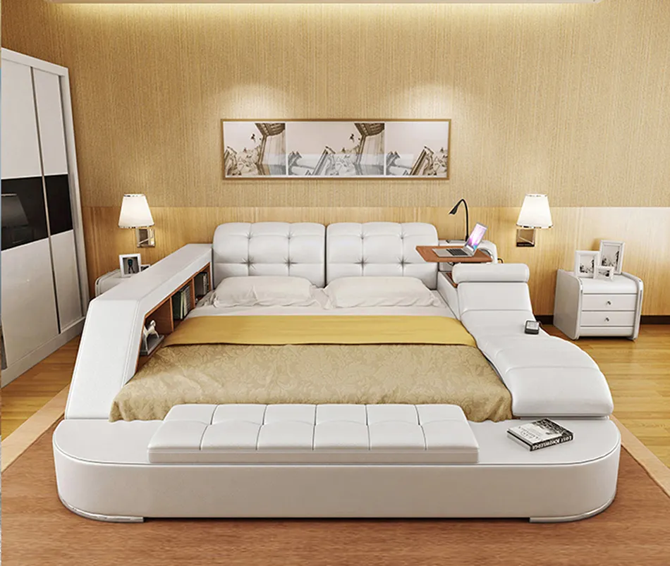 Muebles de dormitorio de lujo multifuncionales al por mayor de China, cama moderna inteligente tamaño king con almacenamiento, cama queen de cuero con masaje
