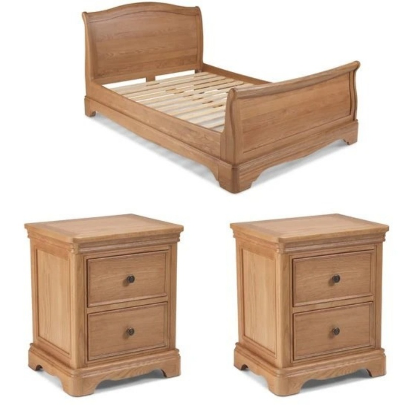 Cama de trineo de roble macizo natural contemporáneo francés, marco de cama de tamaño doble, queen y king de juego de muebles para dormitorio de hogar y hotel