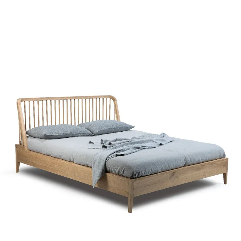 Cama de dormitorio de madera de roble de diseño en forma de II nórdico personalizada de tamaño único y tamaño doble rey