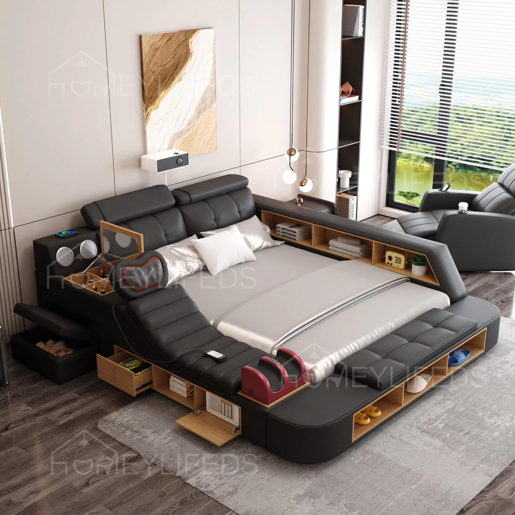Muebles de dormitorio inteligentes Cama de cuero multifuncional Cama moderna tamaño king y tamaño queen con función de masaje y altavoz
