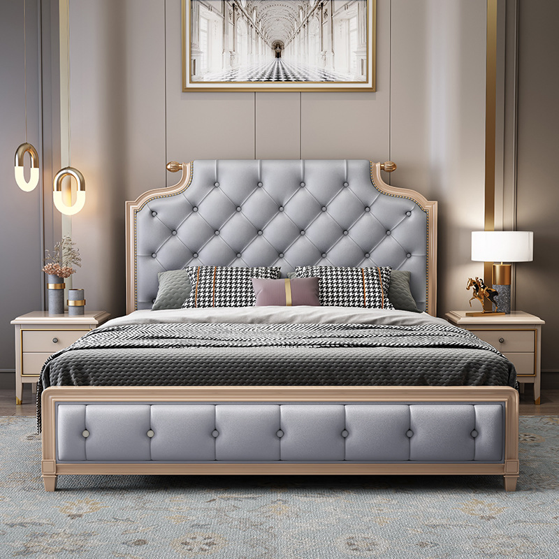 Casa de lujo moderna, dormitorio de hotel, cama doble de tamaño king, tapizada en tela, cuero genuino, con almacenamiento de madera