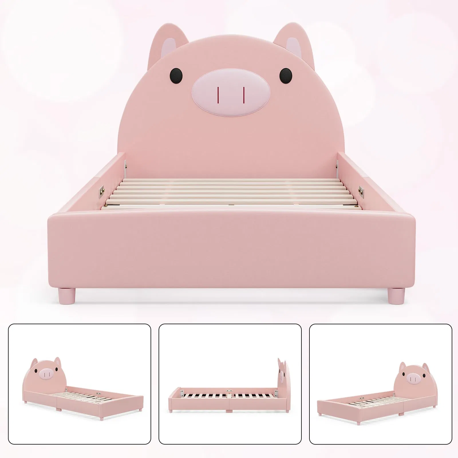 Cama tapizada para niños con forma de cerdo, cama plataforma twin para niños