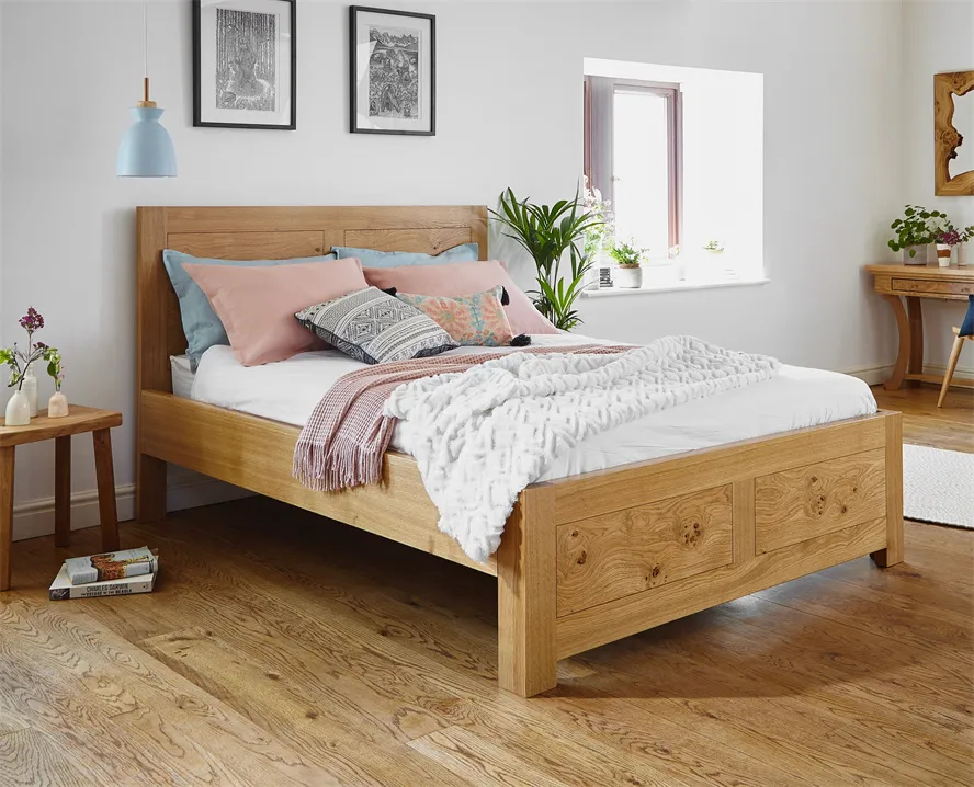 Cama moderna nórdica de madera de plataforma tamaño rey individual en roble marrón natural