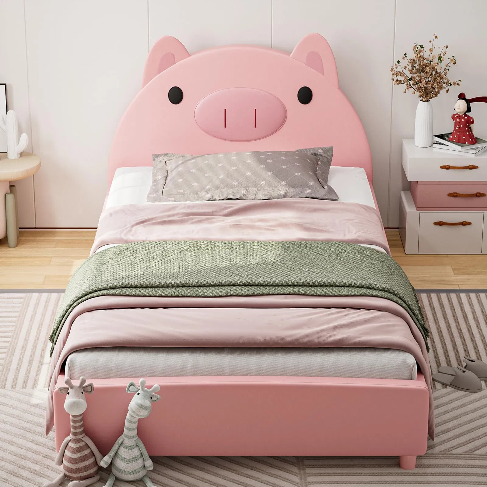 Cama tapizada para niños con forma de cerdo, cama plataforma twin para niños