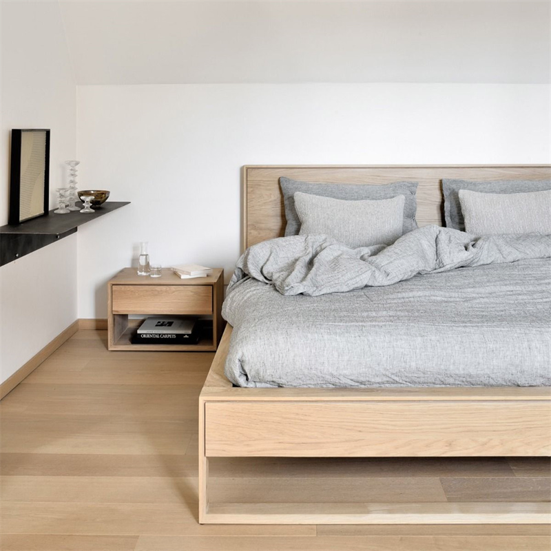 Cama de dormitorio de madera de roble de diseño en forma de II nórdico personalizada de tamaño único y tamaño doble rey