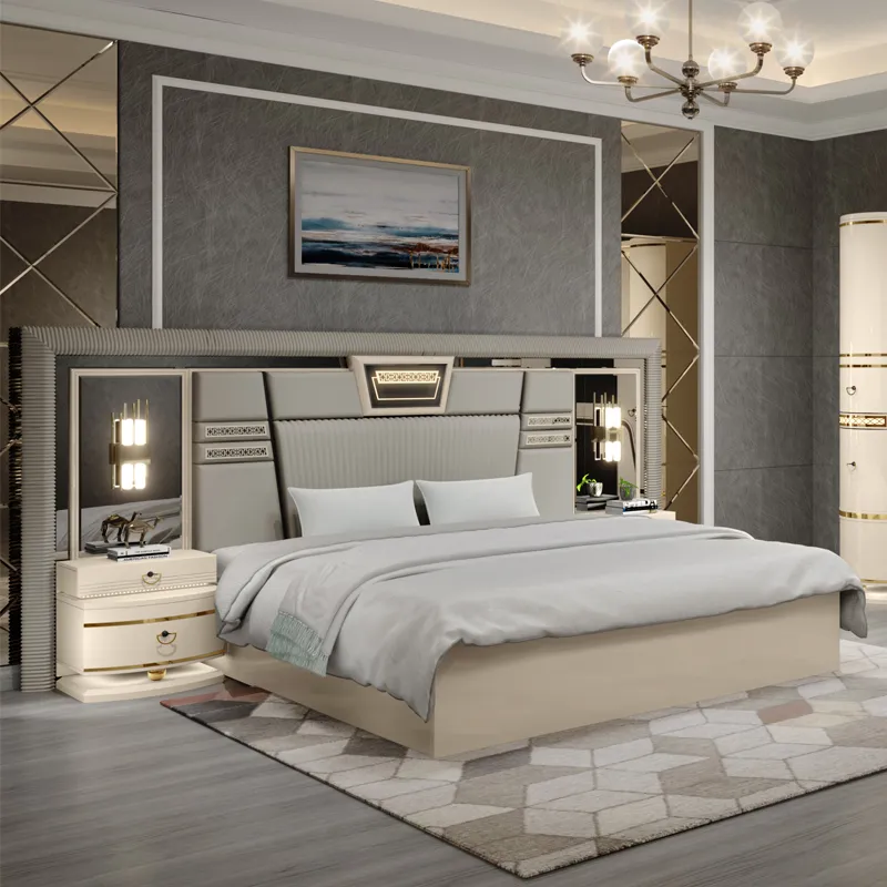 Conjunto completo de muebles de dormitorio de lujo con cama king de cuero doble, armario y tocador de diseño moderno al por mayor